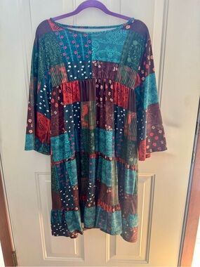 Patchwork Print Boho  Dress - Teal, Burgundy, Brown